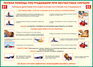 Таблица "Порядок действий при коматозном состоянии пострадавшего" (100х140 сантиметров, винил) - fgospostavki.ru - Муравленко